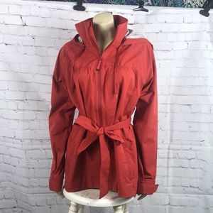 PrAna Eliza Orange/Red Heather Rain Jacket Coat Stowable Hood Belt EUC XL